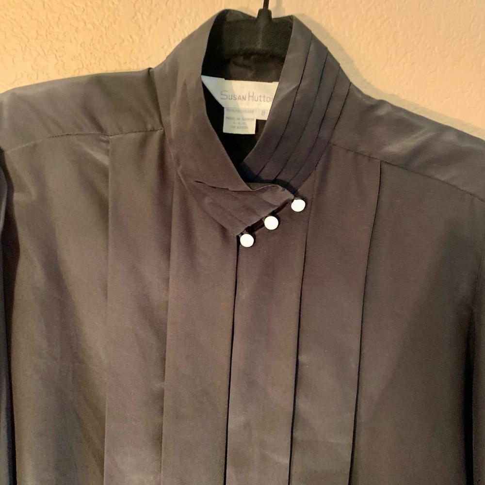 Vintage Blouse Size 8 Susan Hutton Black Satin White Buttons Long Sleeve Classy - Picture 4 of 16